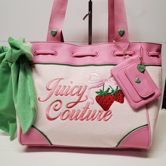 Juicy Couture Handbags - Juicy Couture Pink Powder Blush & Green Retro Strawberry Tote